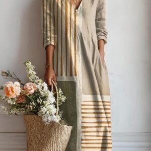 Women's bohemian floral printed maxi dress with V-neck, loose fit and pockets in Khaki