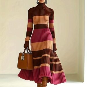 Women's color block ribbed turtleneck maxi dress in wine red, brown and camel with long sleeves and flared hem