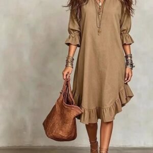 Women's khaki V-neck ruffle midi dress with 3/4 ruffle sleeves and asymmetric ruffle hem, styled with a woven tote bag