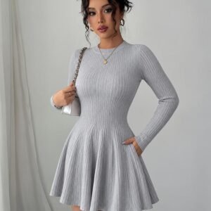 Women's grey ribbed long sleeve slim fit mini dress with a flattering A-line shape
